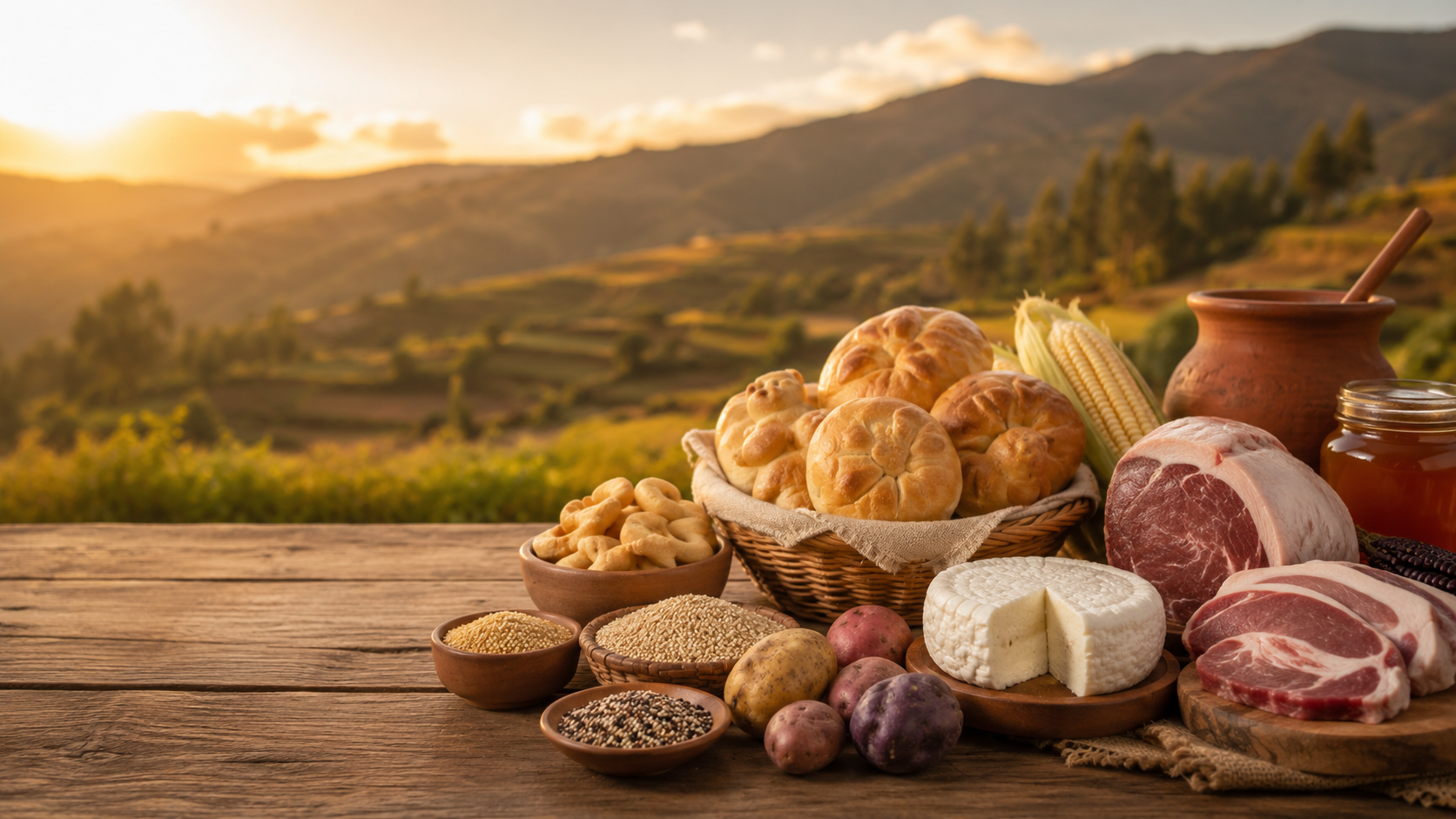 Canasta de productos ayacuchanos con paisaje andino